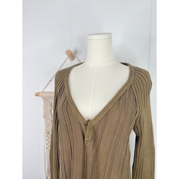 Free People Ribs and Ruffles Tunic Top Size Medium Olive Green Henley Peplum - Picture 2 of 11